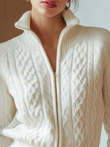 Cardigan Bianco con Cerniera a Treccia