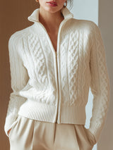 Cardigan Bianco con Cerniera a Treccia