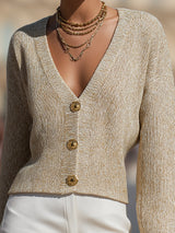 Cardigan in maglia con bottoni e filo dorato color beige champagne