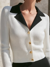 Cardigan Top in Maglia a Coste con Colletto a Contrasto e Bottoni Dorati