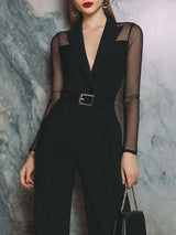 Tuta Nera a Gamba Larga Sartoriale con Cintura e Maniche in Rete