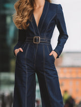 Tuta Intera in Denim Sartoriale a Gamba Larga e Maniche Lunghe